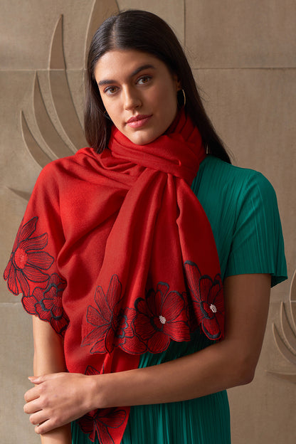 Magnolia Bloom | Embroidered Wool Silk Stole | AJD X Mauli