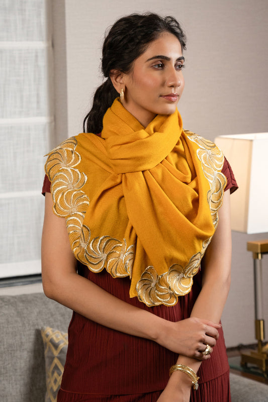 Golden Spiral | Embroidered Wool Silk Stole | AJD X Mauli