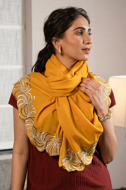 Golden Spiral | Embroidered Wool Silk Stole | AJD X Mauli