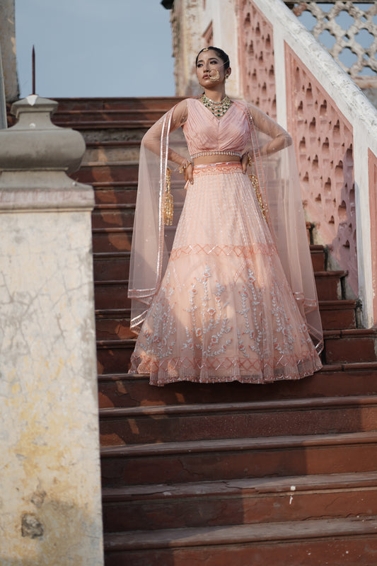 Peach Tulle Floral Hand Embroidered Lehenga Set