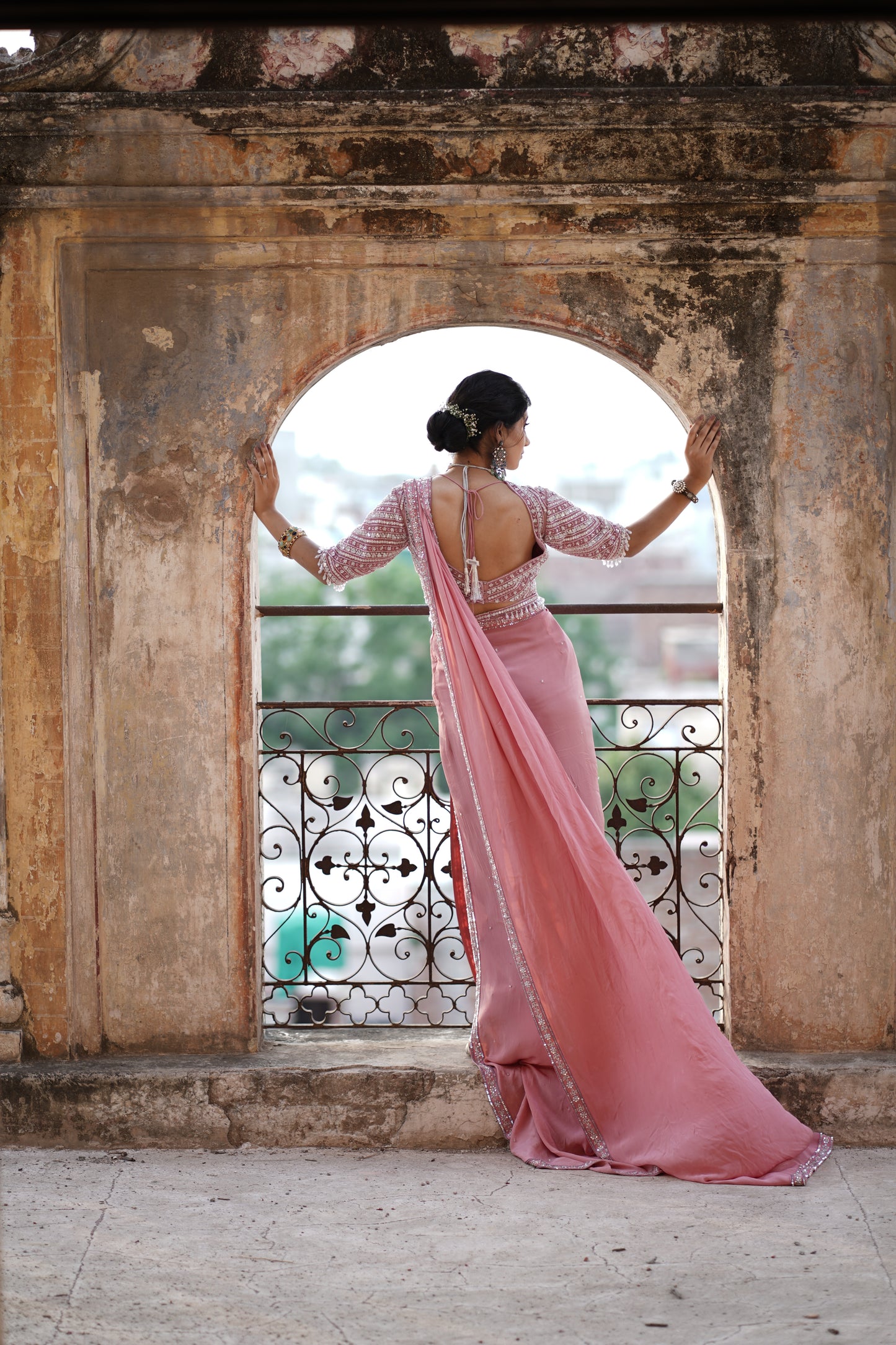 Rose Pink Crepe Hand Embroidered Pre-Stitched Saree Set