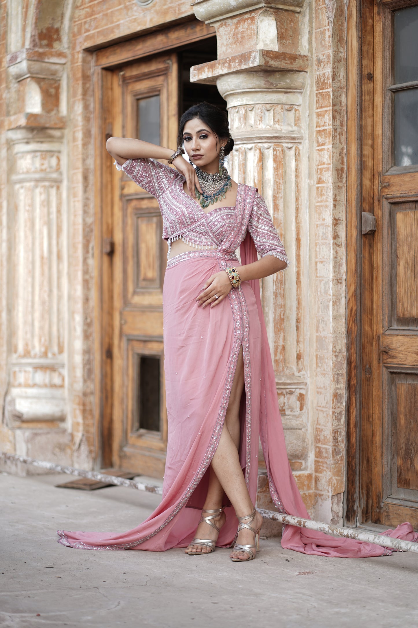 Rose Pink Crepe Hand Embroidered Pre-Stitched Saree Set