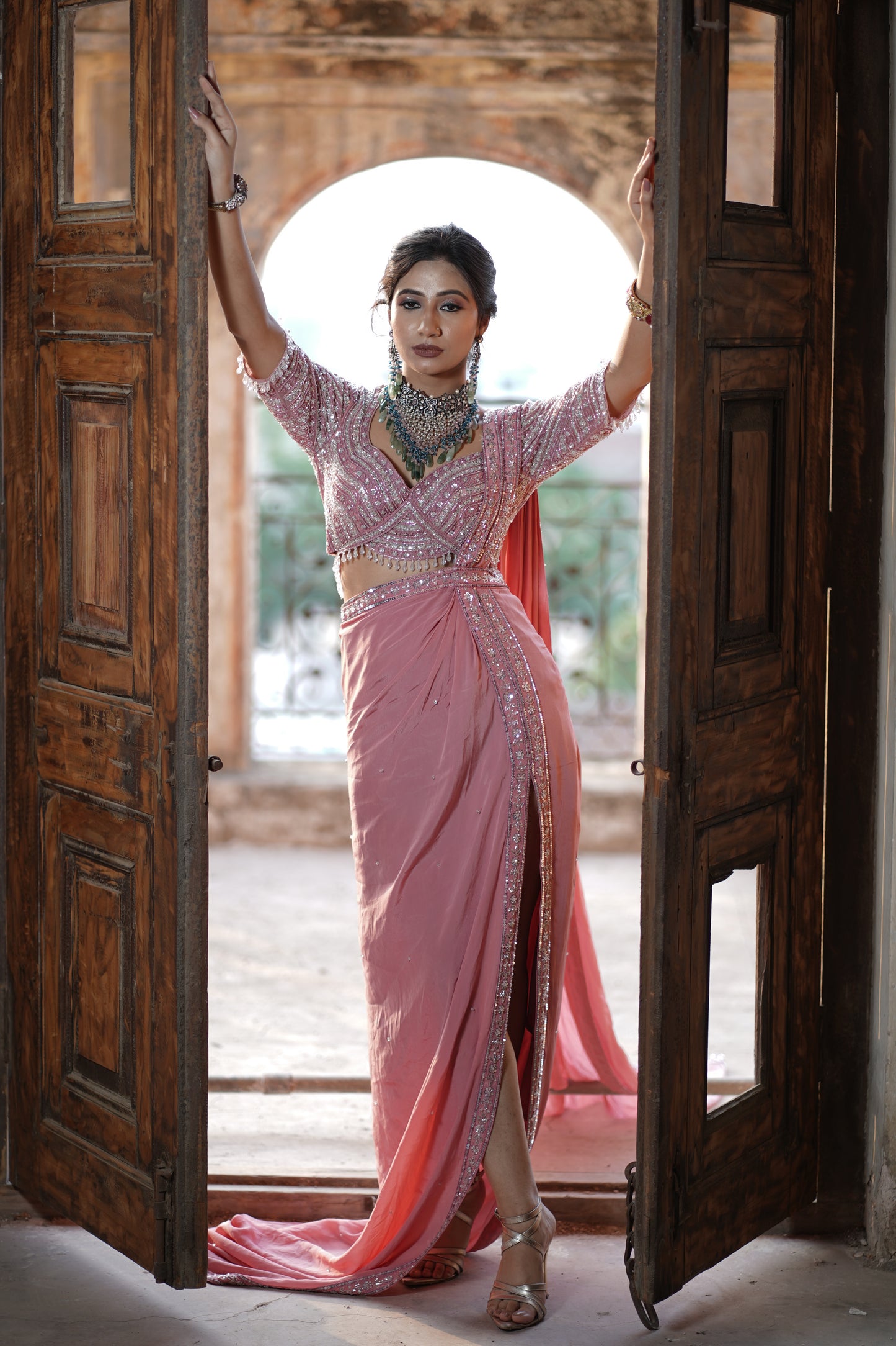 Rose Pink Crepe Hand Embroidered Pre-Stitched Saree Set