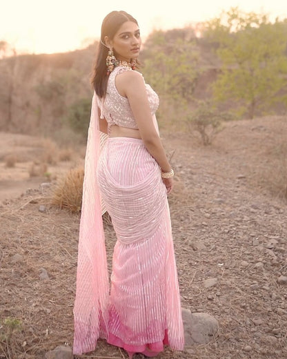 Pink Ombre Net Hand Embroidered Pre-Draped Saree Set