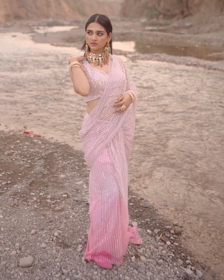 Pink Ombre Net Hand Embroidered Pre-Draped Saree Set