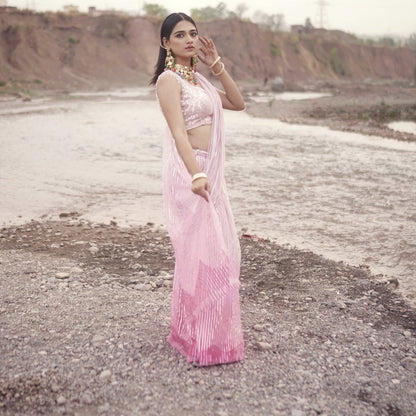 Pink Ombre Net Hand Embroidered Pre-Draped Saree Set