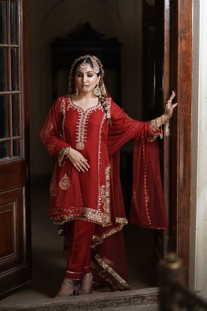 Crimson Red Matka Silk Zardosi Embroidered Kurta Set