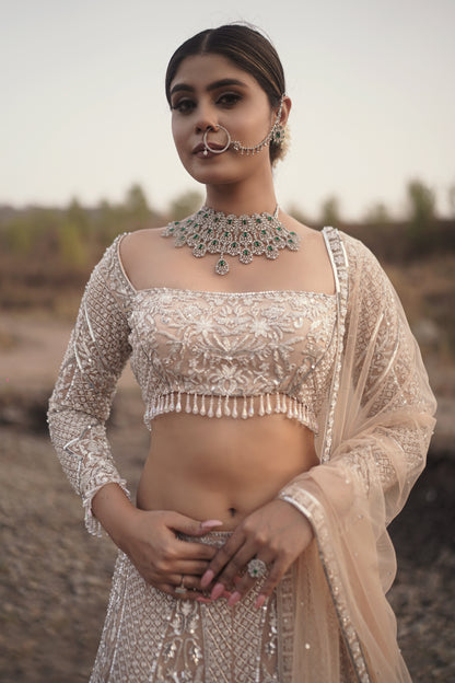 Ivory Tulle Hand Embroidered Lehenga Set