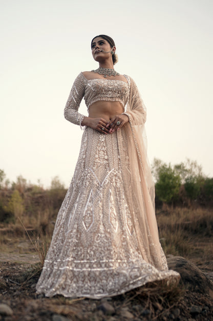 Ivory Tulle Hand Embroidered Lehenga Set