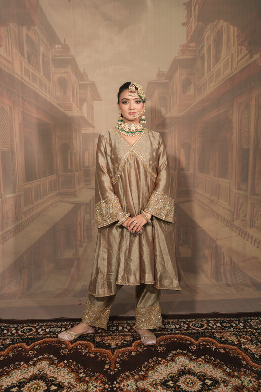Light Gold and green Bridal Kurta Set with Dupatta
