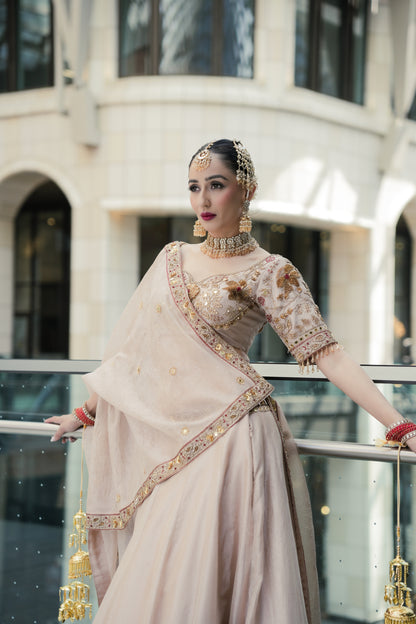 Light Gold Tissue Silk Heavy Bridal Lehenga Set
