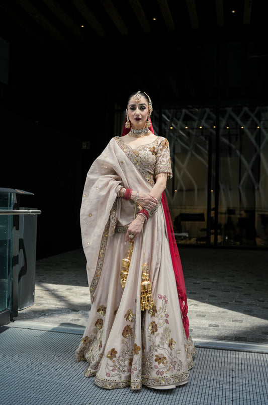 Light Gold Tissue Silk Heavy Bridal Lehenga Set