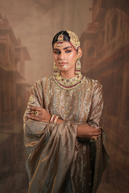Light Gold and green Bridal Kurta Set with Dupatta