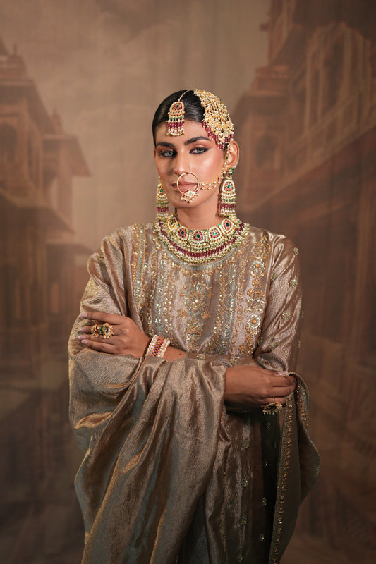 Light Gold and green Bridal Kurta Set with Dupatta