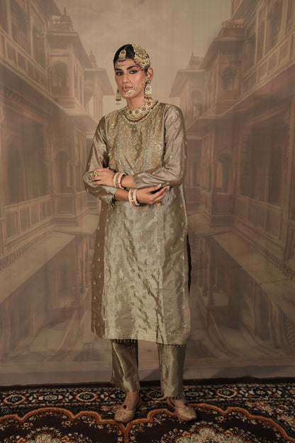 Light Gold and green Bridal Kurta Set with Dupatta