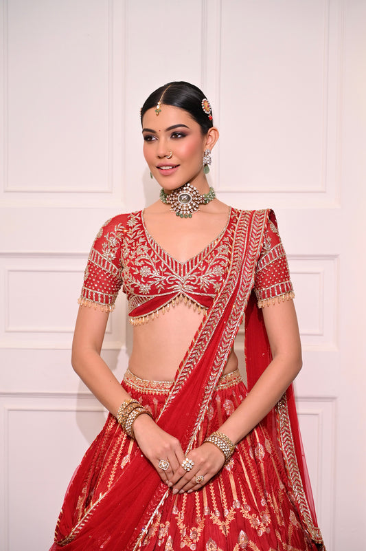 Red Banarasi Silk Hand Embroidered Lehenga Set