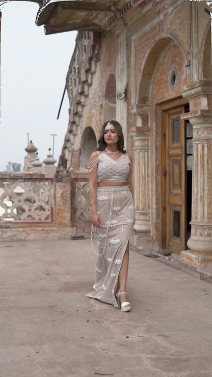 Ivory Tulle Pearl Embroidered Lehenga Set