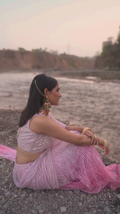 Pink Ombre Net Hand Embroidered Pre-Draped Saree Set